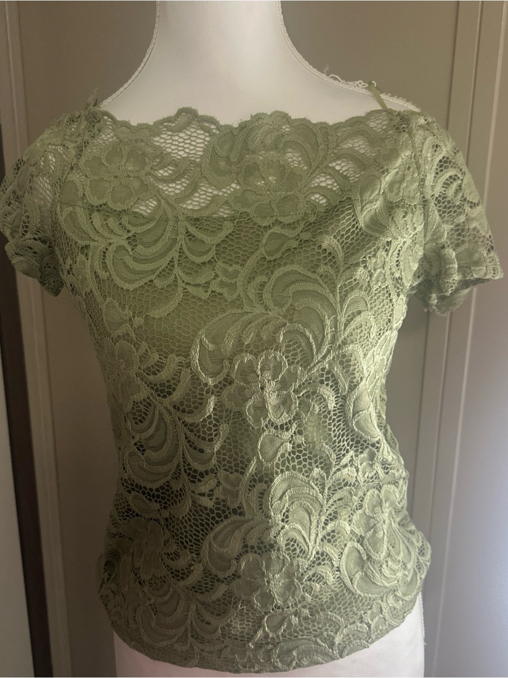 Ambiance Olive Green Floral Lace Short Sleeve Top